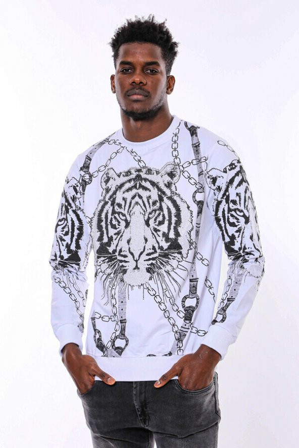 Beyaz Baskılı Ve Taşlı Bisiklet Yaka Sweatshirt - 3