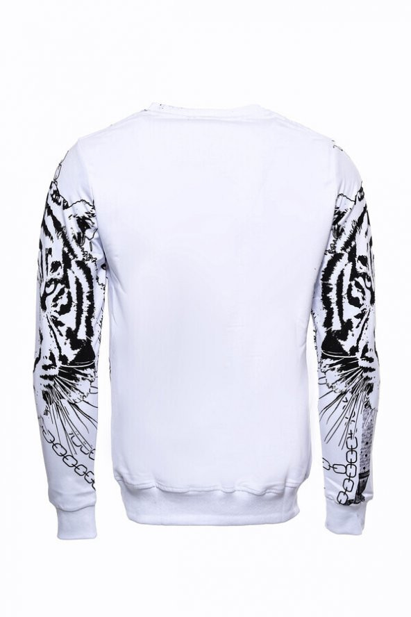 Beyaz Baskılı Ve Taşlı Bisiklet Yaka Sweatshirt - 6