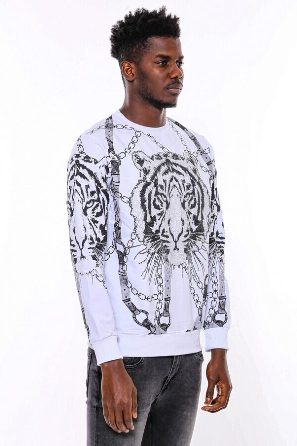 Beyaz Baskılı Ve Taşlı Bisiklet Yaka Sweatshirt - 7