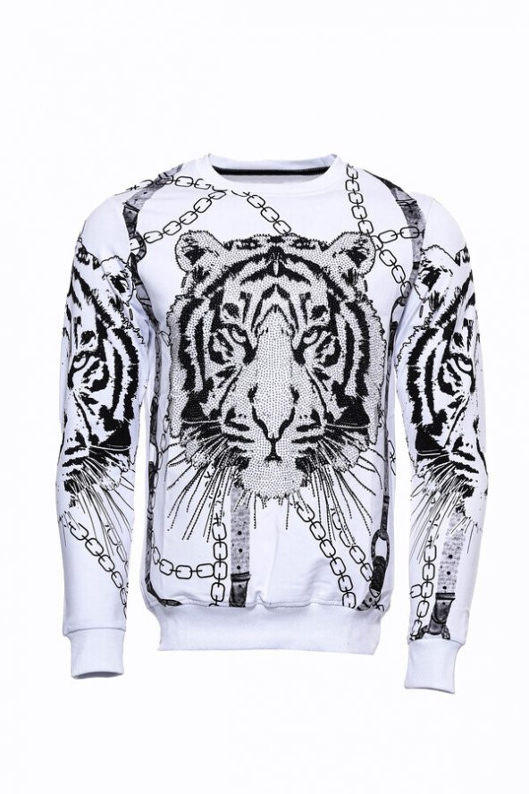 Beyaz Baskılı Ve Taşlı Bisiklet Yaka Sweatshirt - 8