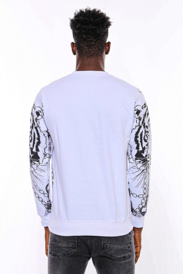 Beyaz Baskılı Ve Taşlı Bisiklet Yaka Sweatshirt - 9