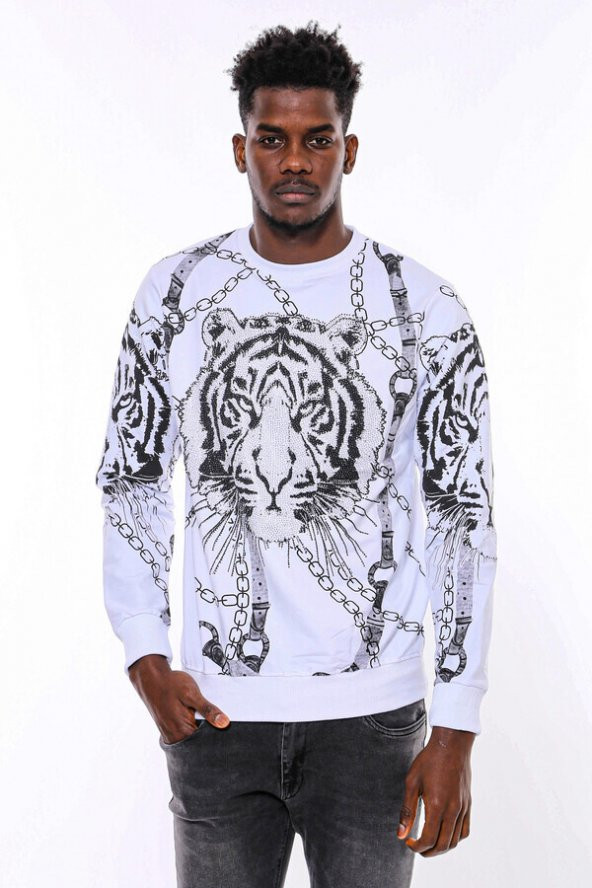 Beyaz Baskılı Ve Taşlı Bisiklet Yaka Sweatshirt - 10