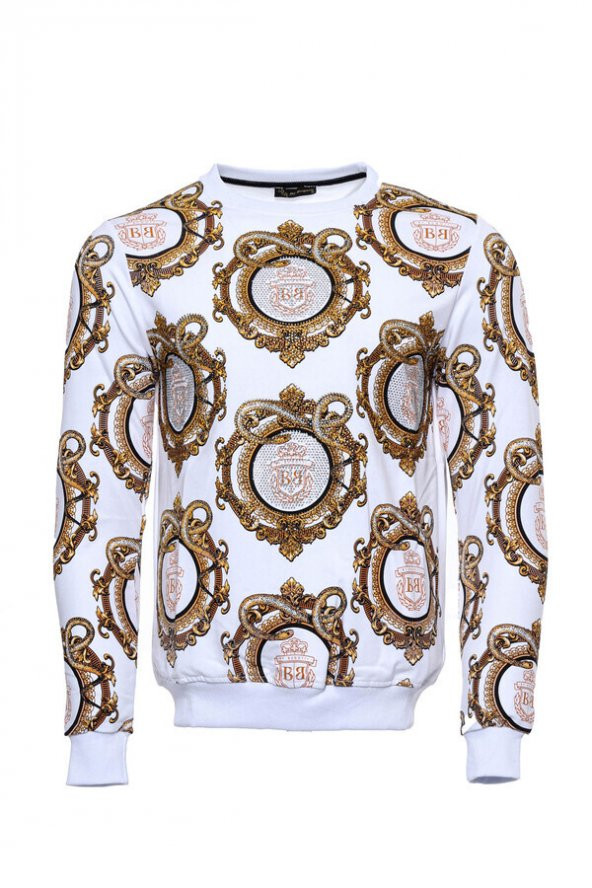 Beyaz Baskılı Taşlı Bisiklet Yaka Sweatshirt
