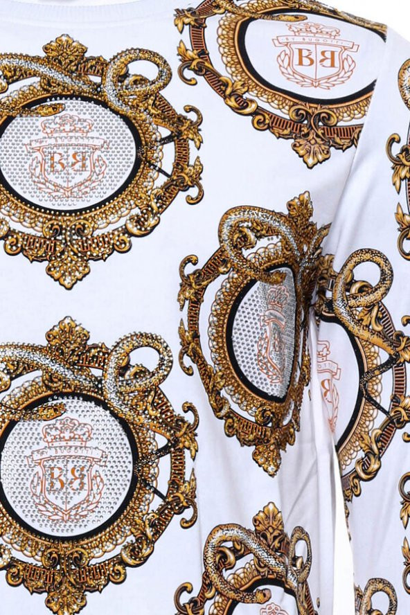 Beyaz Baskılı Taşlı Bisiklet Yaka Sweatshirt - Resim 2