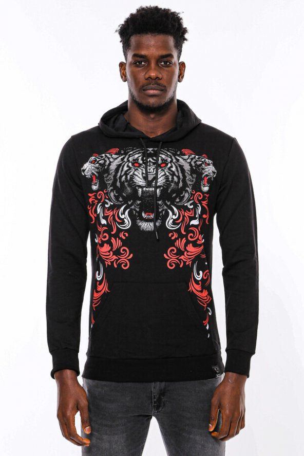 Siyah Kapşonlu Baskılı Sweatshirt - 4