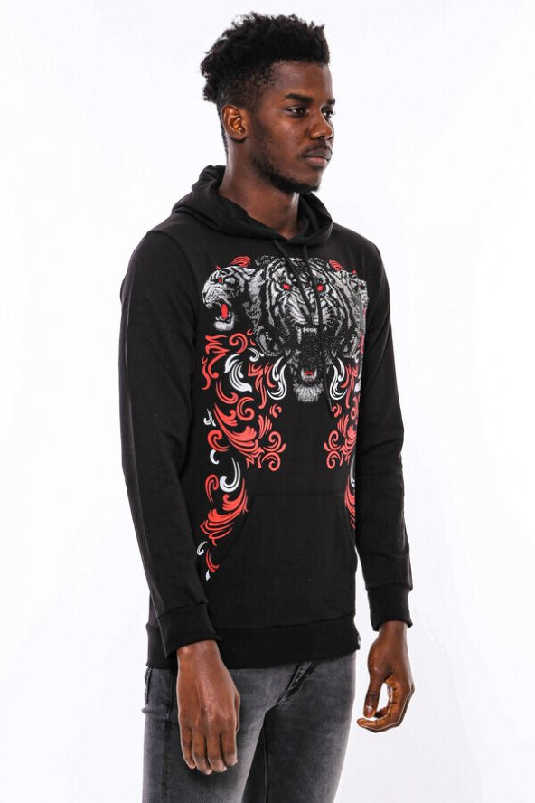 Siyah Kapşonlu Baskılı Sweatshirt - 5