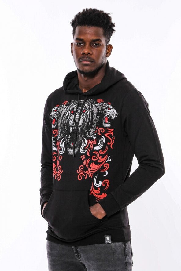 Siyah Kapşonlu Baskılı Sweatshirt - 7
