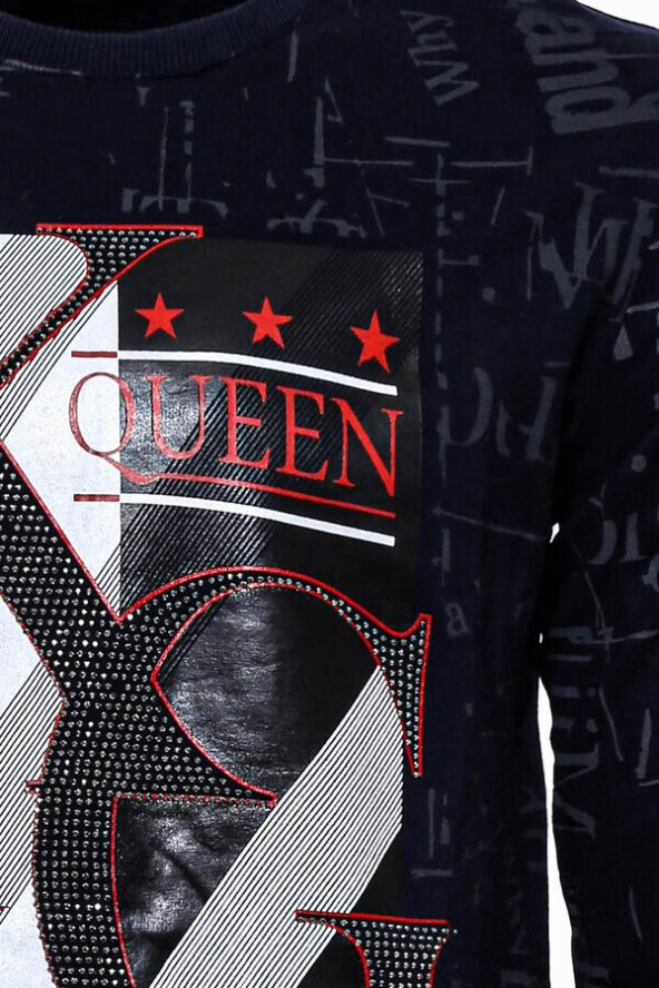 Lacivert Taşlı Desenli Sweatshirt