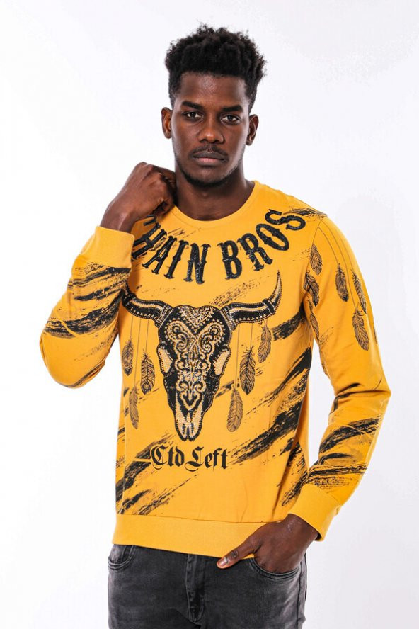 Hardal Baskılı Taşlı Bisiklet Yaka Sweatshirt - 2