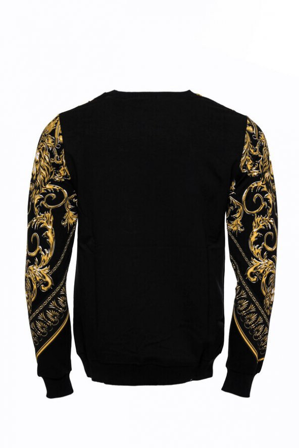 Siyah Bisiklet Yaka Taşlı Baskılı Sweatshirt - 3