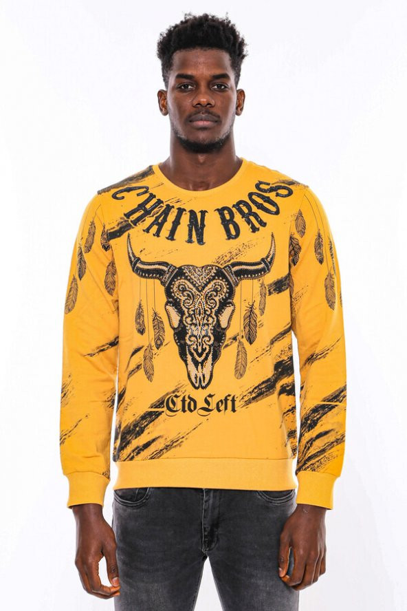 Hardal Baskılı Taşlı Bisiklet Yaka Sweatshirt - 4