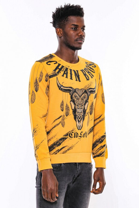 Hardal Baskılı Taşlı Bisiklet Yaka Sweatshirt - 5