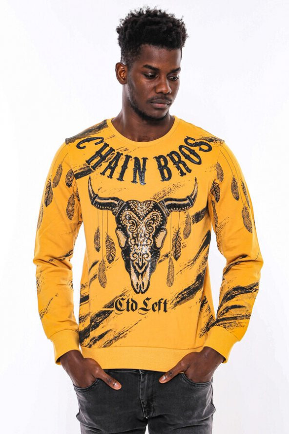 Hardal Baskılı Taşlı Bisiklet Yaka Sweatshirt - 7