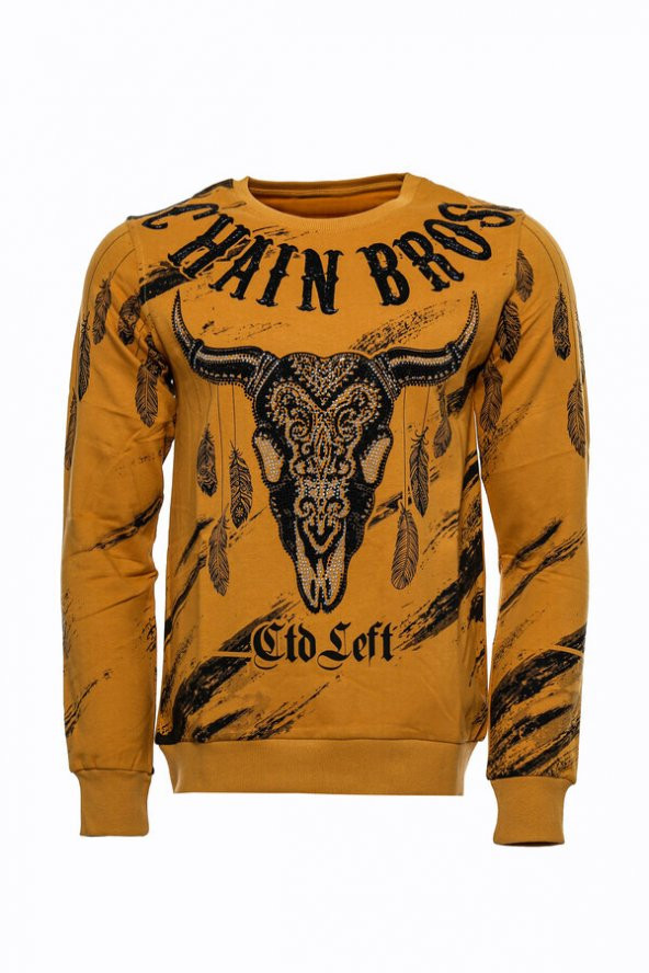 Hardal Baskılı Taşlı Bisiklet Yaka Sweatshirt - 9