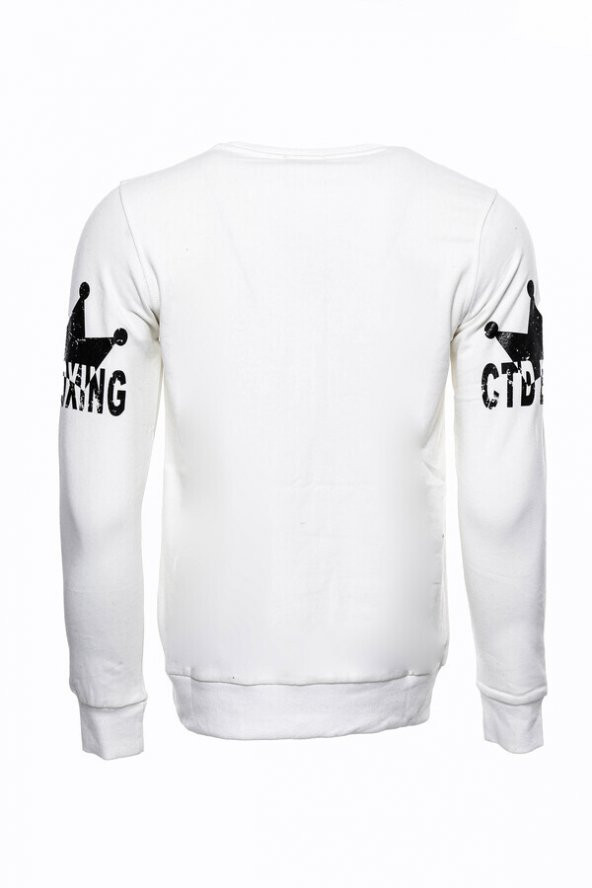 Beyaz Baskılı Taşlı Bisiklet Yaka Sweatshirt - 3