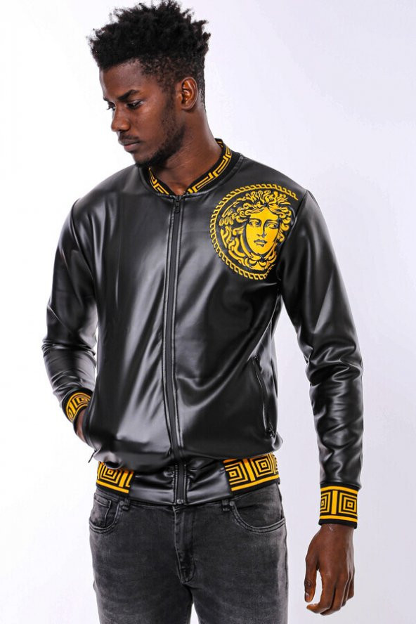 Siyah Deri Görünümlü Baskı Detaylı Mevsimlik Mont - 6