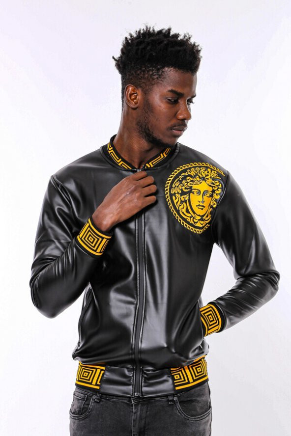 Siyah Deri Görünümlü Baskı Detaylı Mevsimlik Mont - 7