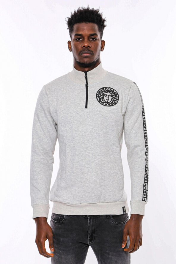 Gri Fermuarlı Baskılı Sweatshirt - 2