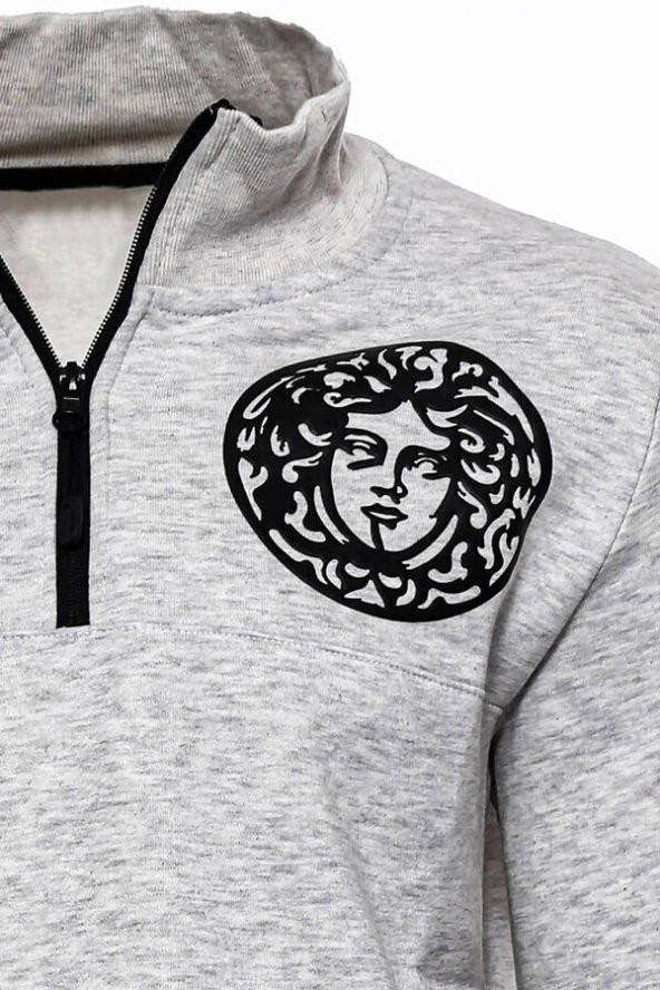 Gri Fermuarlı Baskılı Sweatshirt - 4