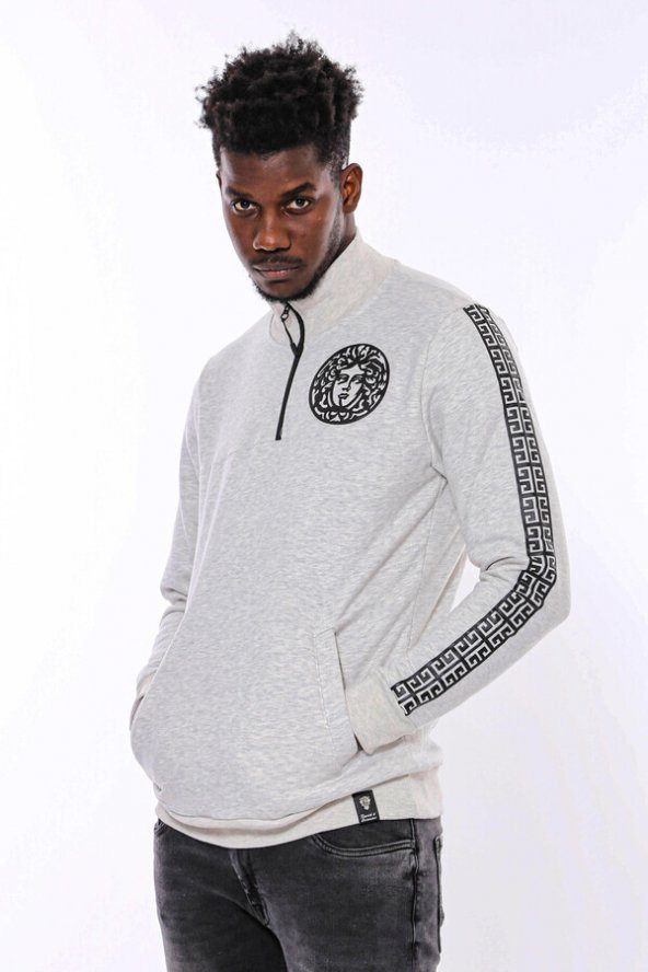 Gri Fermuarlı Baskılı Sweatshirt - 7