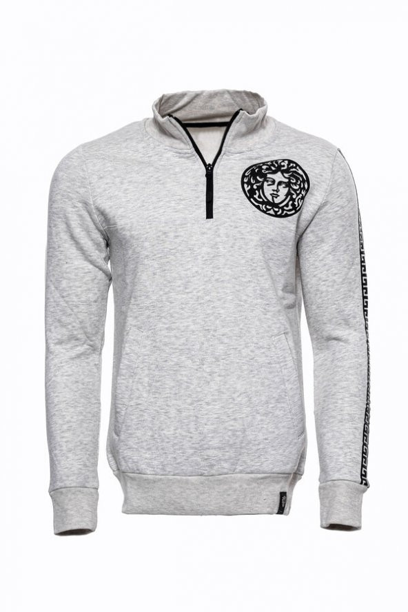 Gri Fermuarlı Baskılı Sweatshirt - 8