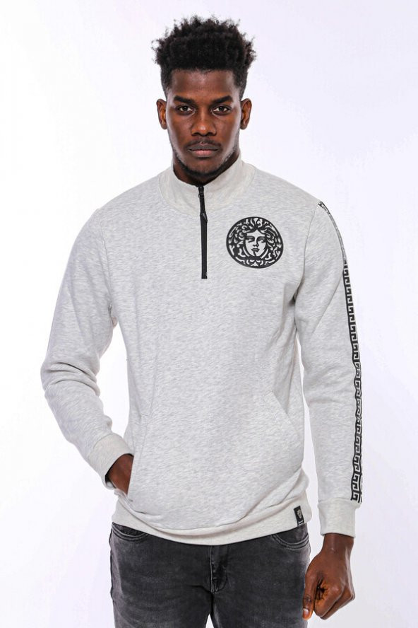 Gri Fermuarlı Baskılı Sweatshirt - 9