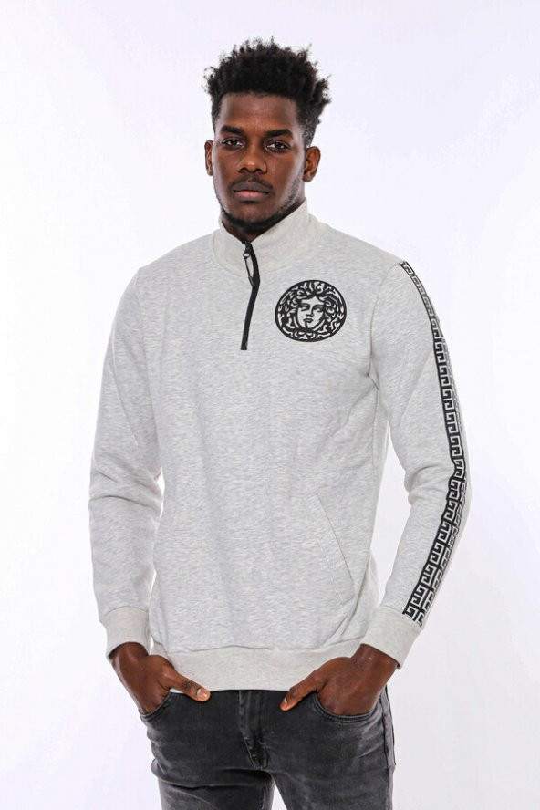 Gri Fermuarlı Baskılı Sweatshirt - 10