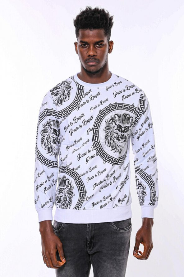 Beyaz Baskılı Taşlı Sweatshirt - 3