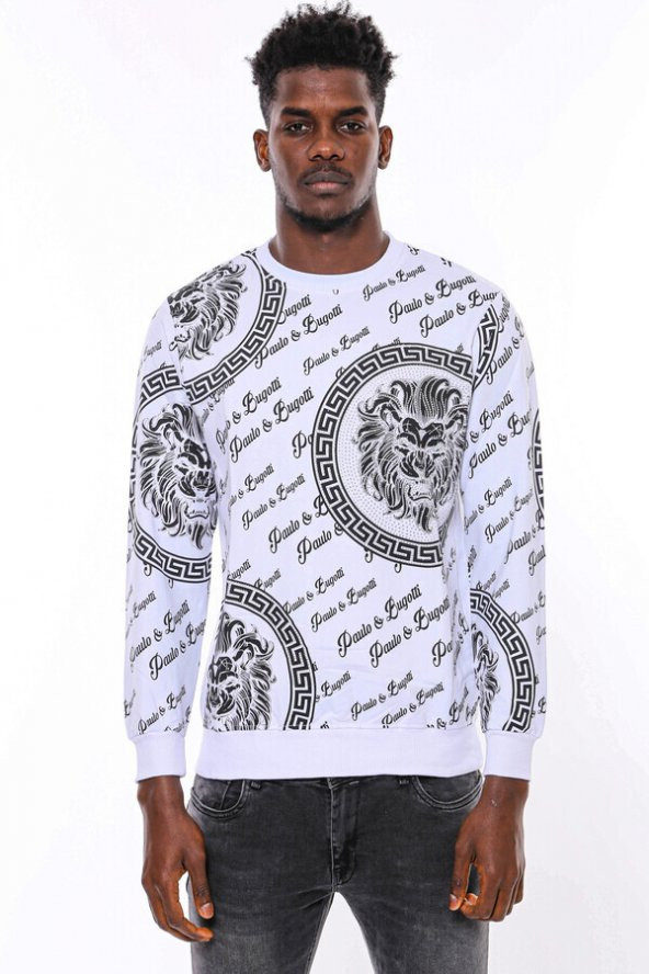 Beyaz Baskılı Taşlı Sweatshirt - 4