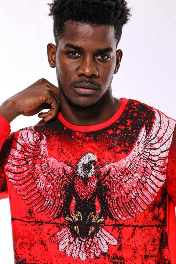Kırmızı Baskılı Bisiklet Yaka Sweatshirt - 2
