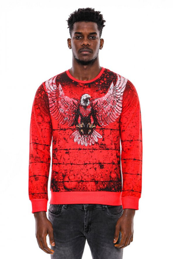 Kırmızı Baskılı Bisiklet Yaka Sweatshirt - 3