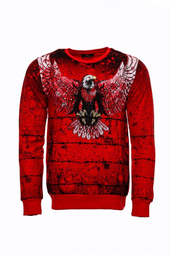 Kırmızı Baskılı Bisiklet Yaka Sweatshirt - 6