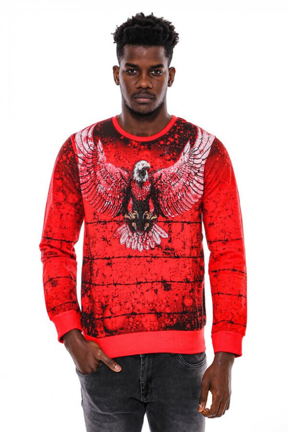 Kırmızı Baskılı Bisiklet Yaka Sweatshirt - 7