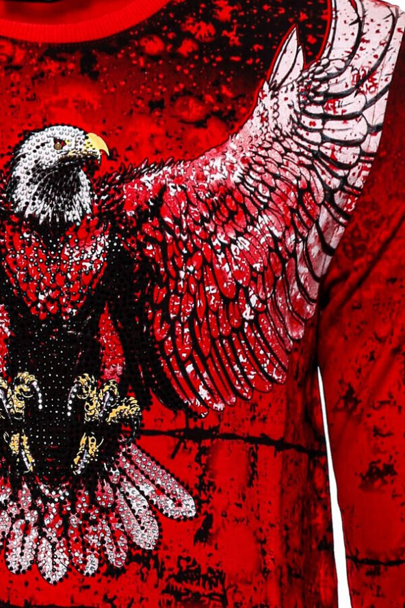 Kırmızı Baskılı Bisiklet Yaka Sweatshirt - 8