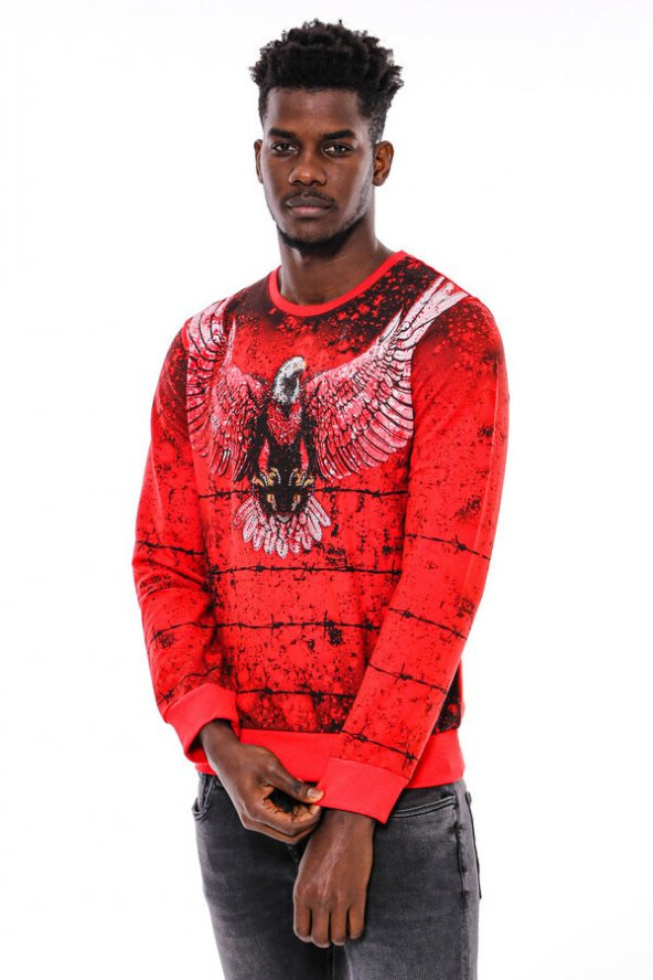 Kırmızı Baskılı Bisiklet Yaka Sweatshirt - 10
