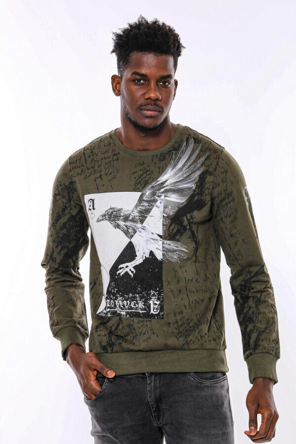 Yeşil Baskılı Taşlı Bisiklet Yaka Sweatshirt - 3