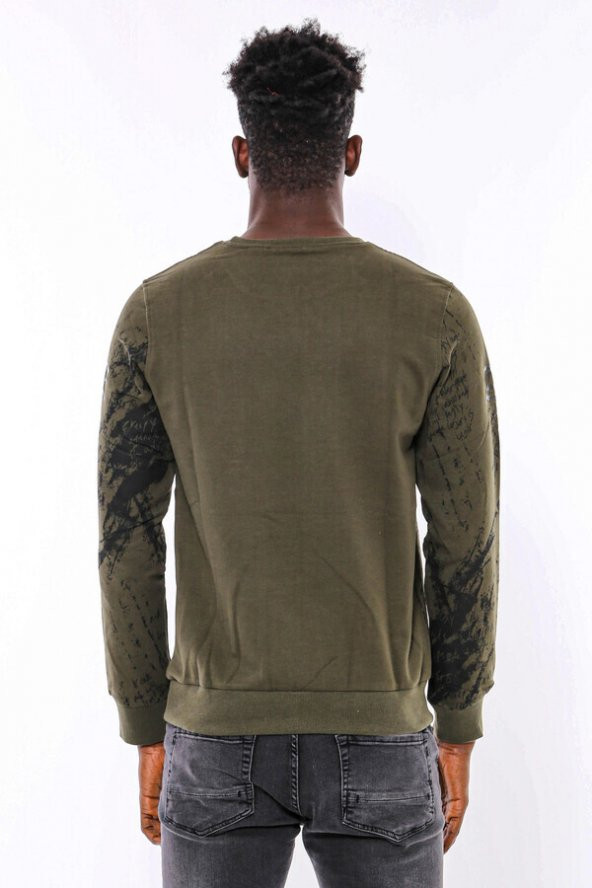 Yeşil Baskılı Taşlı Bisiklet Yaka Sweatshirt - 6