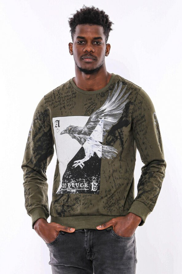 Yeşil Baskılı Taşlı Bisiklet Yaka Sweatshirt - 7