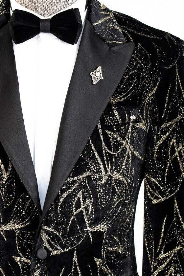 Slim Fit Simli Siyah Erkek Smokin Ceket
