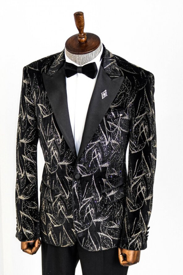Slim Fit Simli Siyah Erkek Smokin Ceket - 4