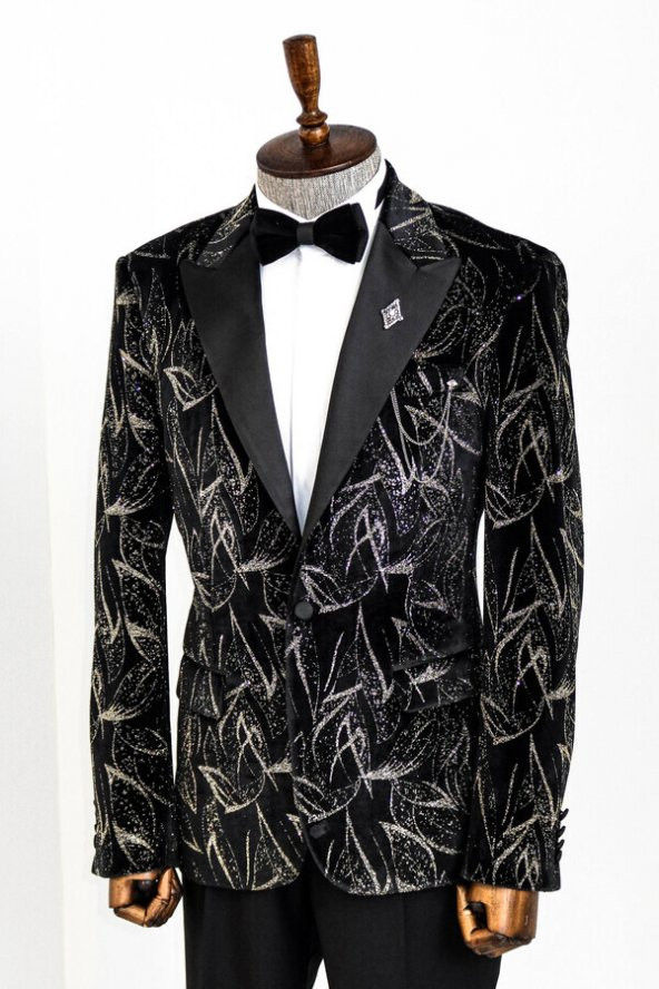 Slim Fit Simli Siyah Erkek Smokin Ceket - 5