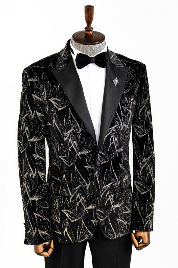 Slim Fit Simli Siyah Erkek Smokin Ceket - 6