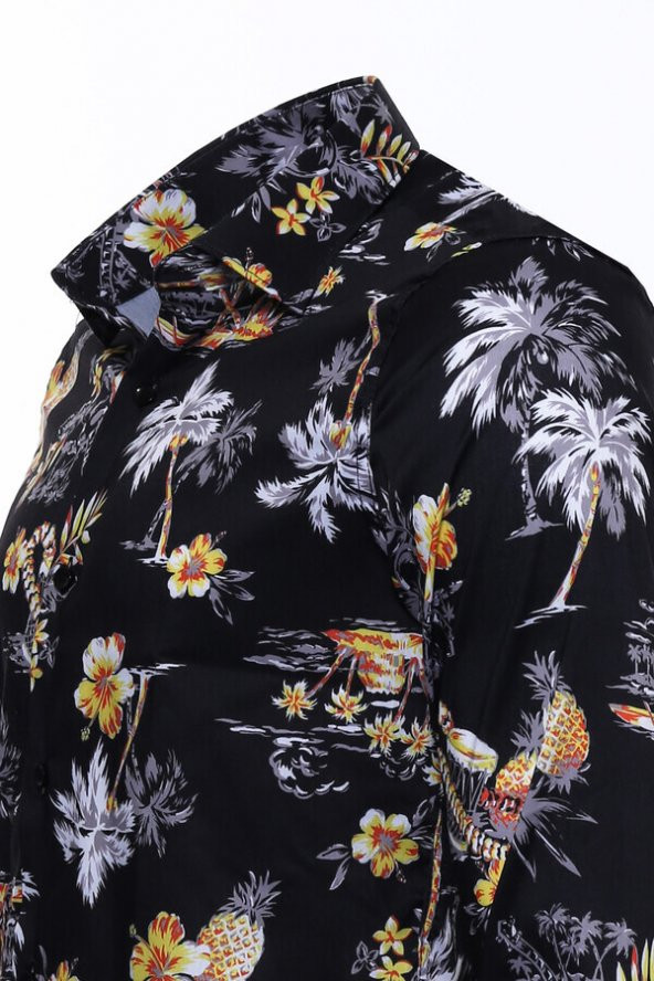 Çiçek Desenli Slim Fit Uzun Kollu Siyah Erkek Gömlek - 2
