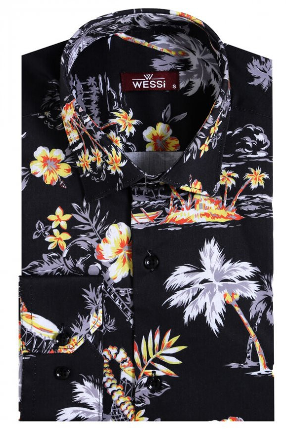 Çiçek Desenli Slim Fit Uzun Kollu Siyah Erkek Gömlek - 4
