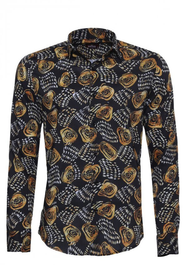 Çiçek Desenli Slim Fit Uzun Kollu Siyah Erkek Gömlek