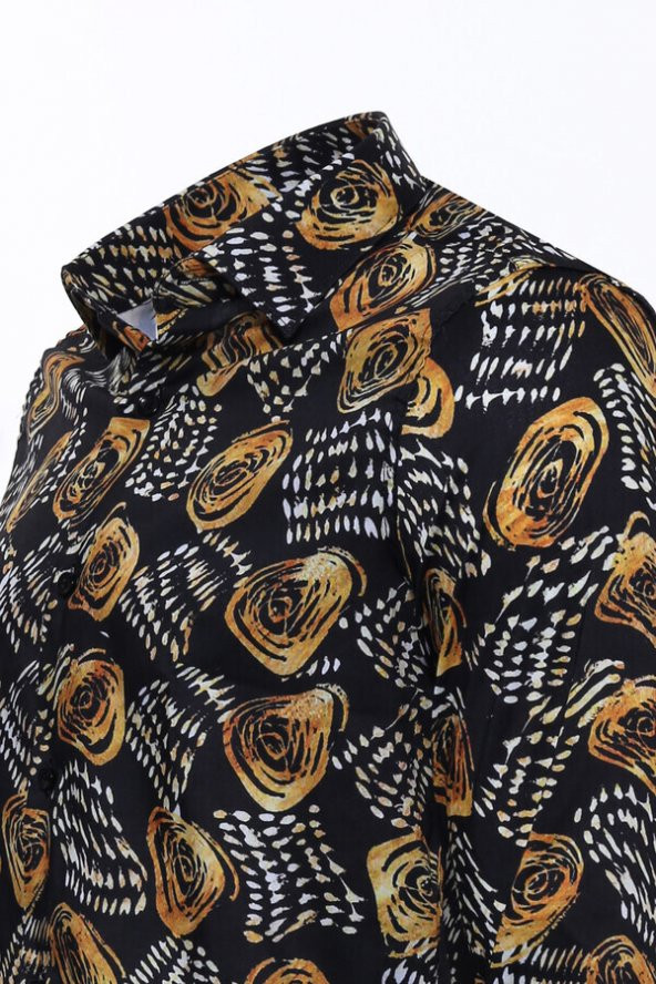 Çiçek Desenli Slim Fit Uzun Kollu Siyah Erkek Gömlek - 2