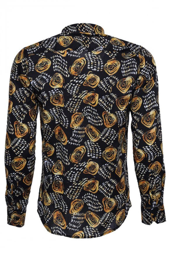 Çiçek Desenli Slim Fit Uzun Kollu Siyah Erkek Gömlek - 5