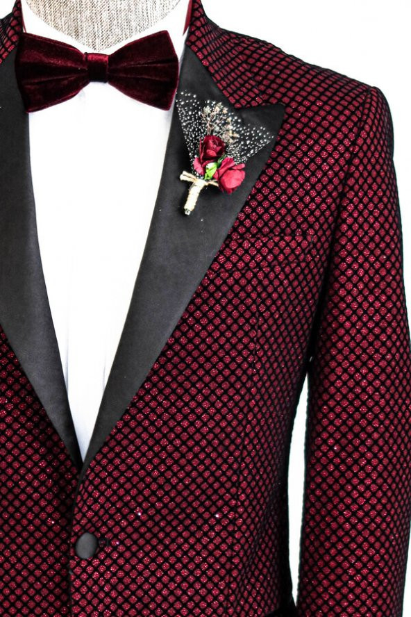 Siyah Desenli Simli Bordo Erkek Smokin Ceket - 7