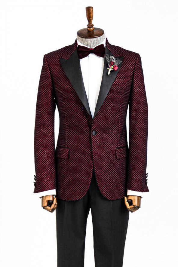 Siyah Desenli Simli Bordo Erkek Smokin Ceket - 8