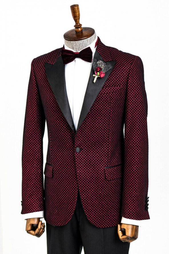 Siyah Desenli Simli Bordo Erkek Smokin Ceket - 3